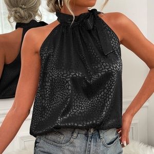 Printed Tie-Neck Sleeveless Satin Top